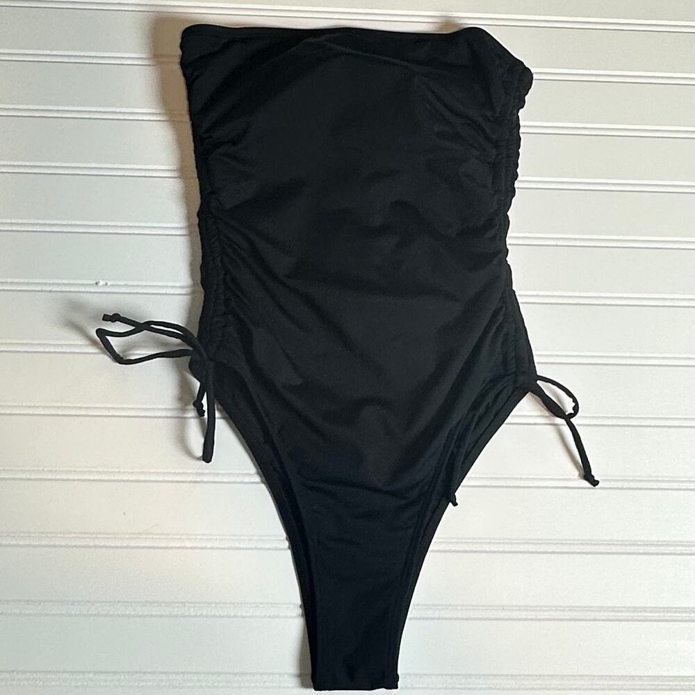 Yonique Women Black Strapless One Piece Swimsuit Ruched Tie Side XS NWT - Picture 5 of 9